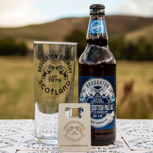 Named after Merlin the wizard, who was buried locally, this magical beer I a full on sessionable easy drinking pale ale. Pictured with a glass, bottle opener against the background of the Scottish borders scenery and hills