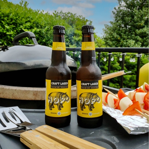 HOPO Craft lager at a bbq and summer party. 330ml bottles