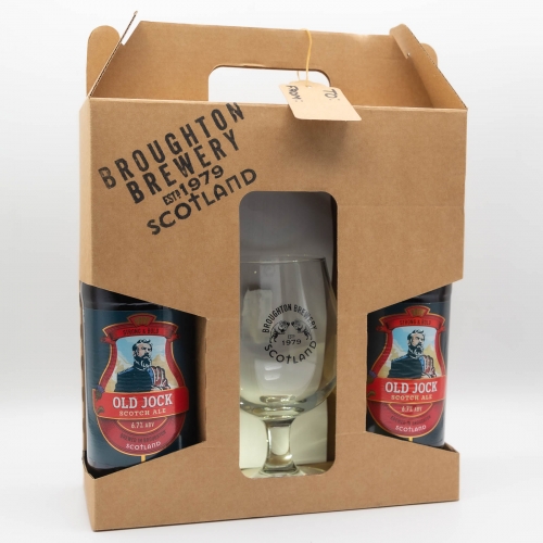 Gift pack including 2 x 500ml Old Jock and a new Broughton Brewery goblet glass